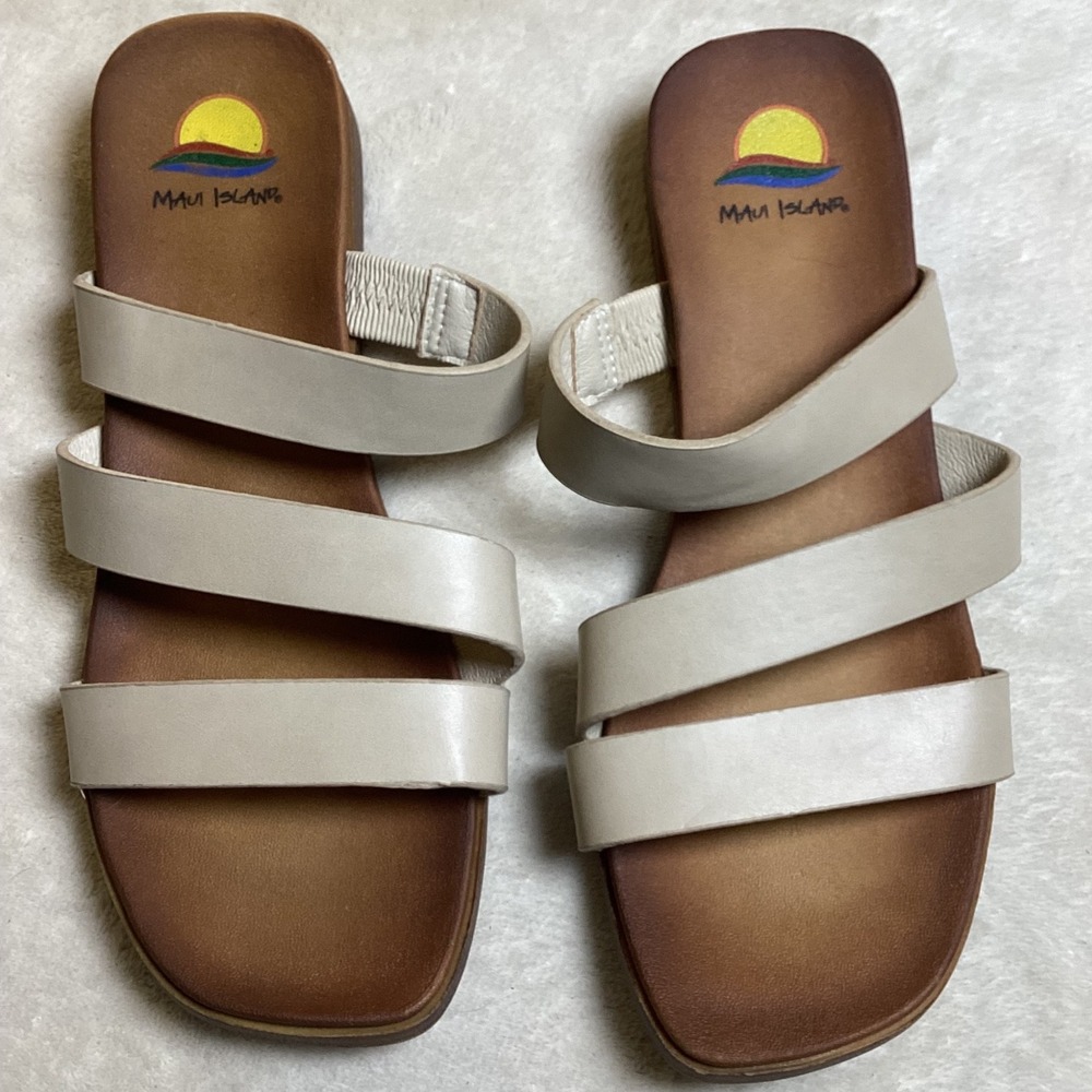 Maui Island Kona Women 9M Cream Triple Strap Slide Sandals Flat Beach Casual